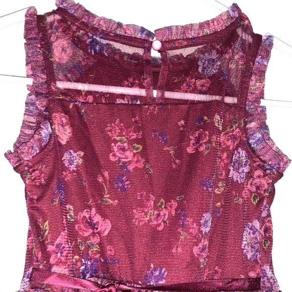 Floral Burgundy Girls Dress With Mesh Overlay & Ruffled Accents By Zenzie Size S - Picture 7 of 9